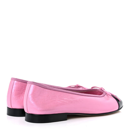 Chanel Laminated Crumpled Lambskin Cap Toe CC Ballerina Flats 37.5 Pink Black 4 of 10