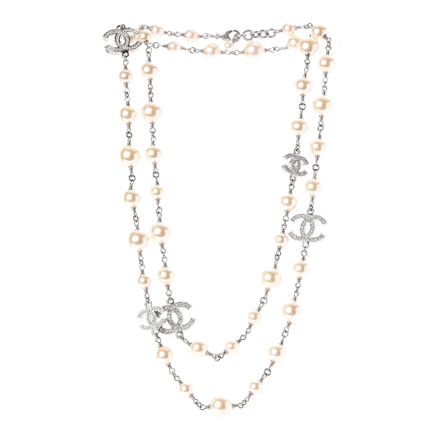 Graduated Pearl Crystal CC Long Necklace Silver