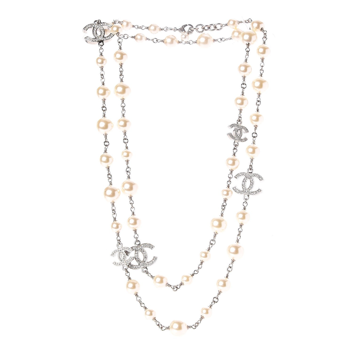 Chanel Graduated Pearl Crystal CC Long Necklace Silver 3 of 6
