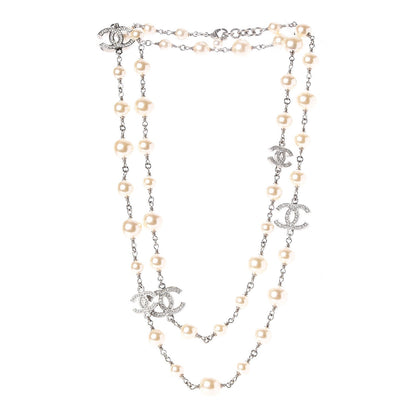 Chanel Graduated Pearl Crystal CC Long Necklace Silver 3 of 6