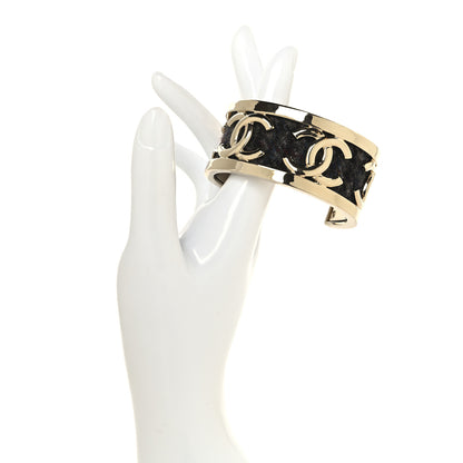Chanel CC Tweed Cuff Bracelet S Gold Beige Black 2 of 4