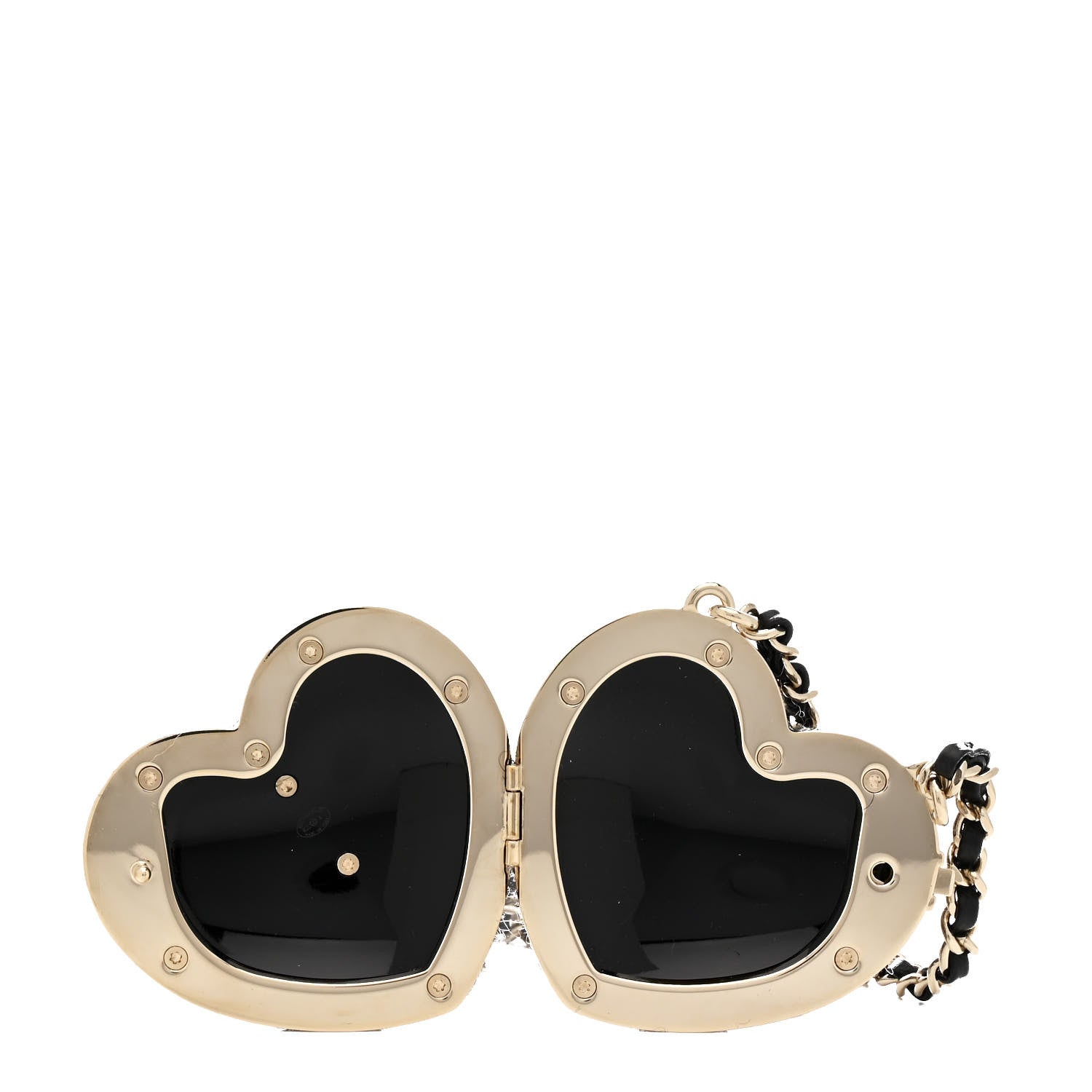 Chanel Tweed Lambskin CC Heart Locket Necklace Gold Black Beige 5 of 7
