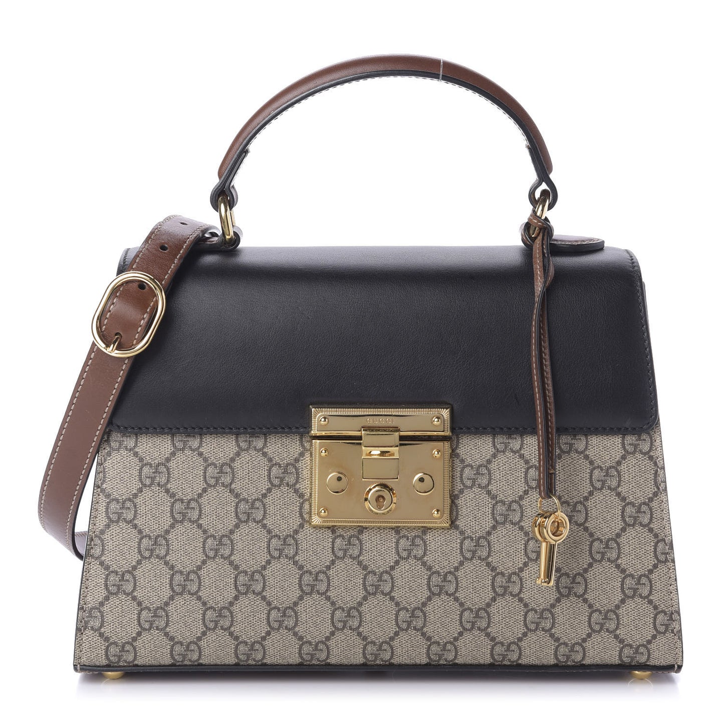 GG Supreme Monogram Calfskin Small Padlock Top Handle Bag Beige Black Cuir