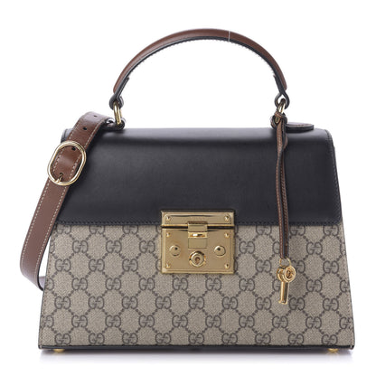 Gucci GG Supreme Monogram Calfskin Small Padlock Top Handle Bag Beige Black Cuir 1 of 9