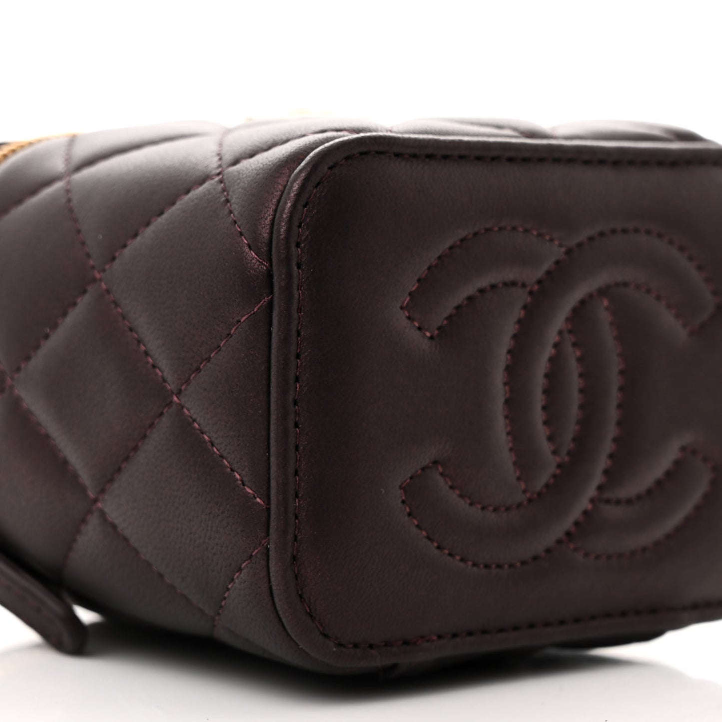 Iridescent Lambskin Quilted Mini Top Handle Vanity Case With Chain Burgundy