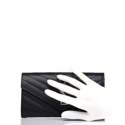 Saint Laurent Grain De Poudre Matelasse Chevron Monogram Flap Wallet Deep Marine 2 of 11