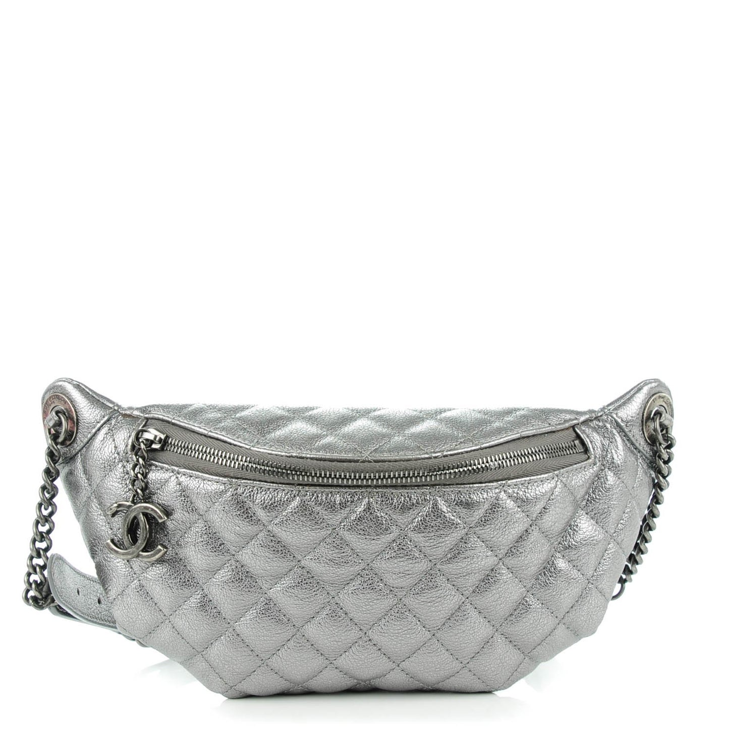 Metallic Goatskin Quilted Banane Waist Bag Fanny Pack Silver