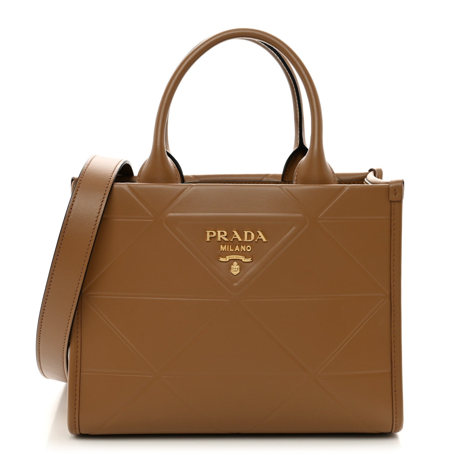 Prada Soft Calfskin Triangolo Symbole Embossed Mini Tote Caramel 1 of 8
