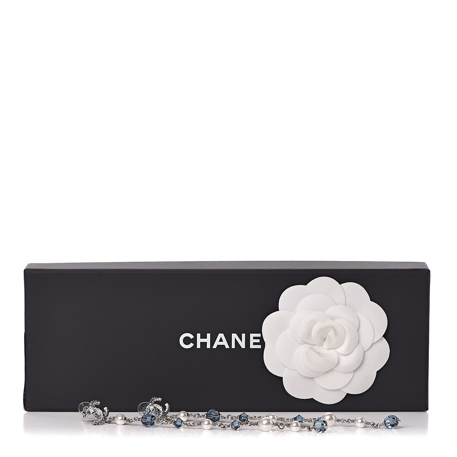 Chanel Crystal Pearl Bead CC Long Drop Earrings Silver Blue 5 of 5