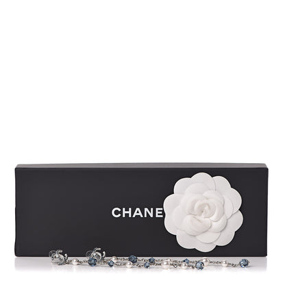 Chanel Crystal Pearl Bead CC Long Drop Earrings Silver Blue 5 of 5