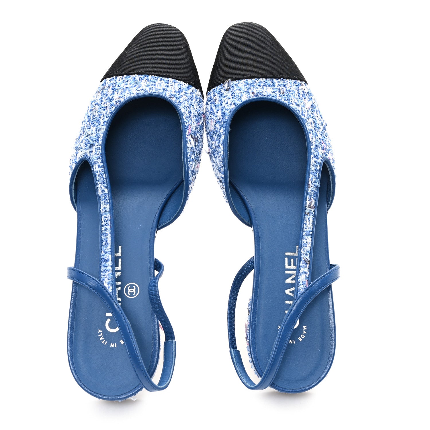 Chanel Tweed Grosgrain Cap Toe Slingback Flats 39 Blue White Black 2 of 9
