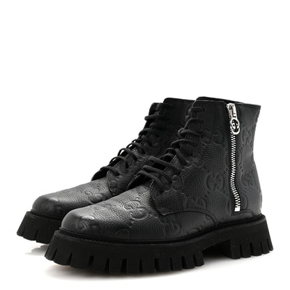 Gucci Calfskin Embossed Monogram Mens Lace Up Ankle Boots 7 Black 4 of 9