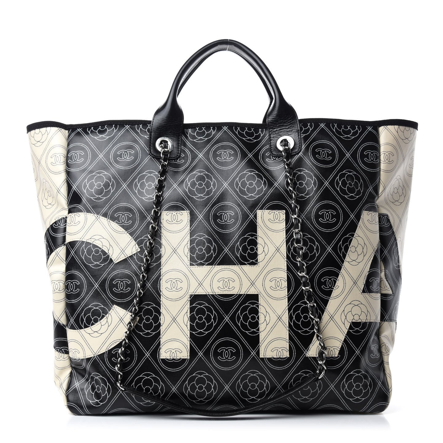 Coated Canvas Camellia Medium Shopping Tote Black Beige