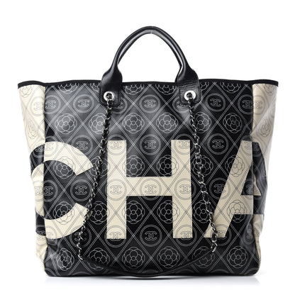 Chanel Coated Canvas Camellia Medium Shopping Tote Black Beige 1 of 10
