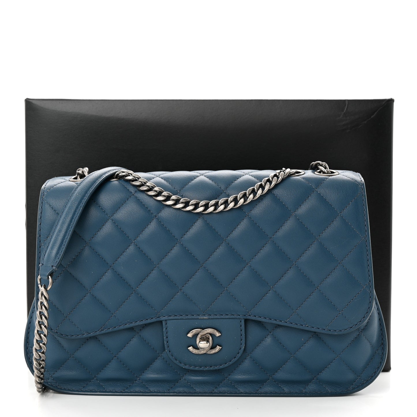 Lambskin Quilted Large Natural CC Flap Navy
