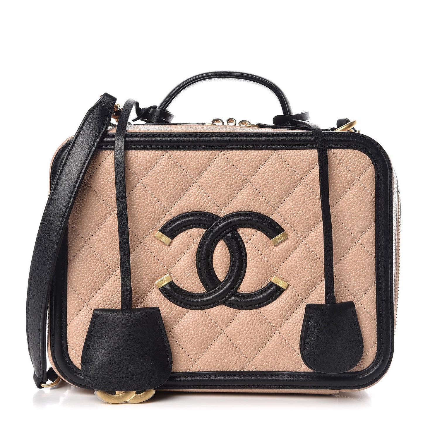 Caviar Quilted Medium CC Filigree Vanity Case Beige Black