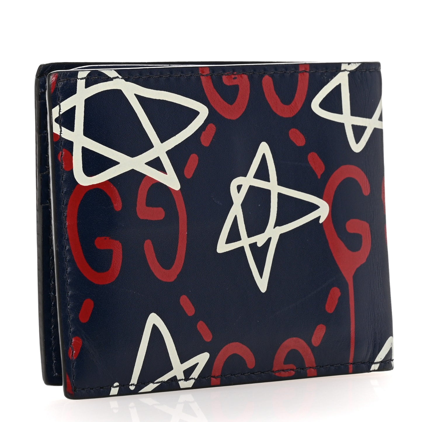 Calfskin GucciGhost Print Bi-Fold Wallet Blue Agata Hibiscus Red