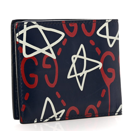 Gucci Calfskin GucciGhost Print Bi-Fold Wallet Blue Agata Hibiscus Red 3 of 10