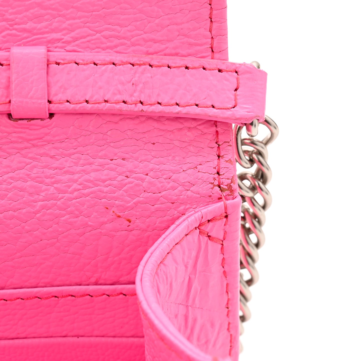 Shiny Goatskin Logo Embossed BB Wallet On Chain Acid Pink