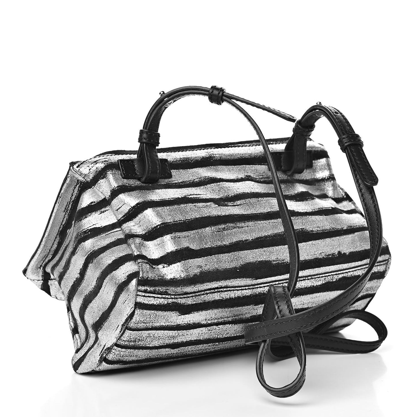 Metallic Calfskin Striped Mini Pandora Black Silver