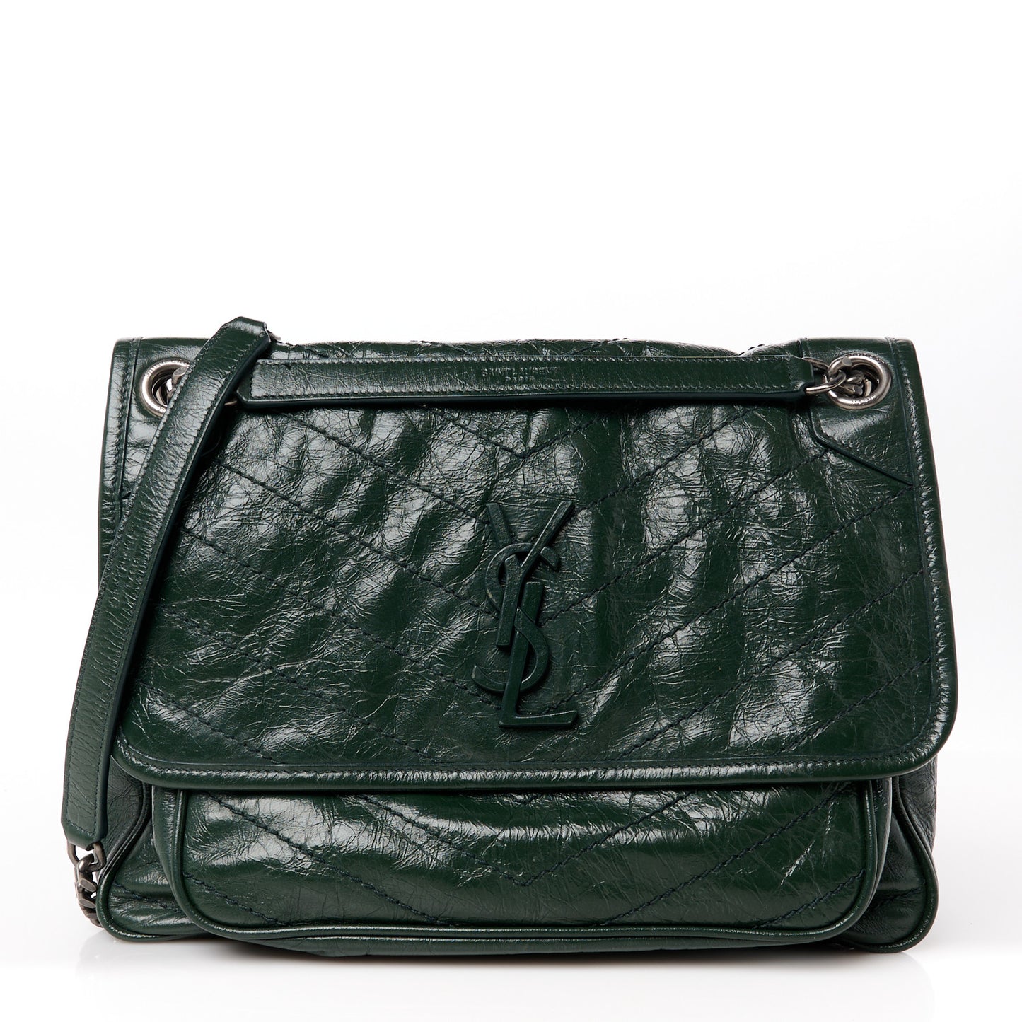 Crinkled Calfskin Matelasse Monogram Medium Niki Chain Satchel Military Olive