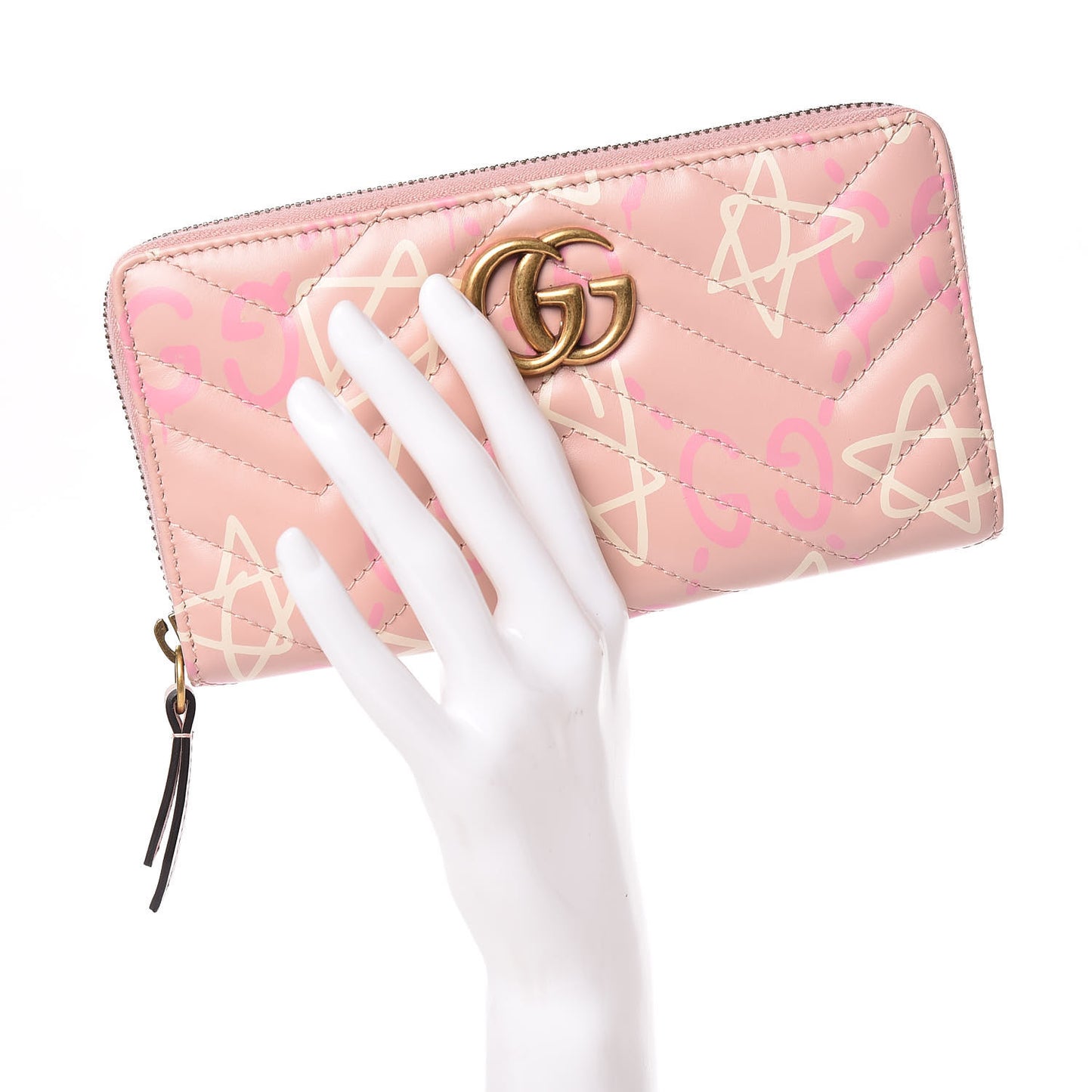 Calfskin Matelasse GucciGhost GG Marmont Zip Around Wallet Perfect Pink Rosa Ivory