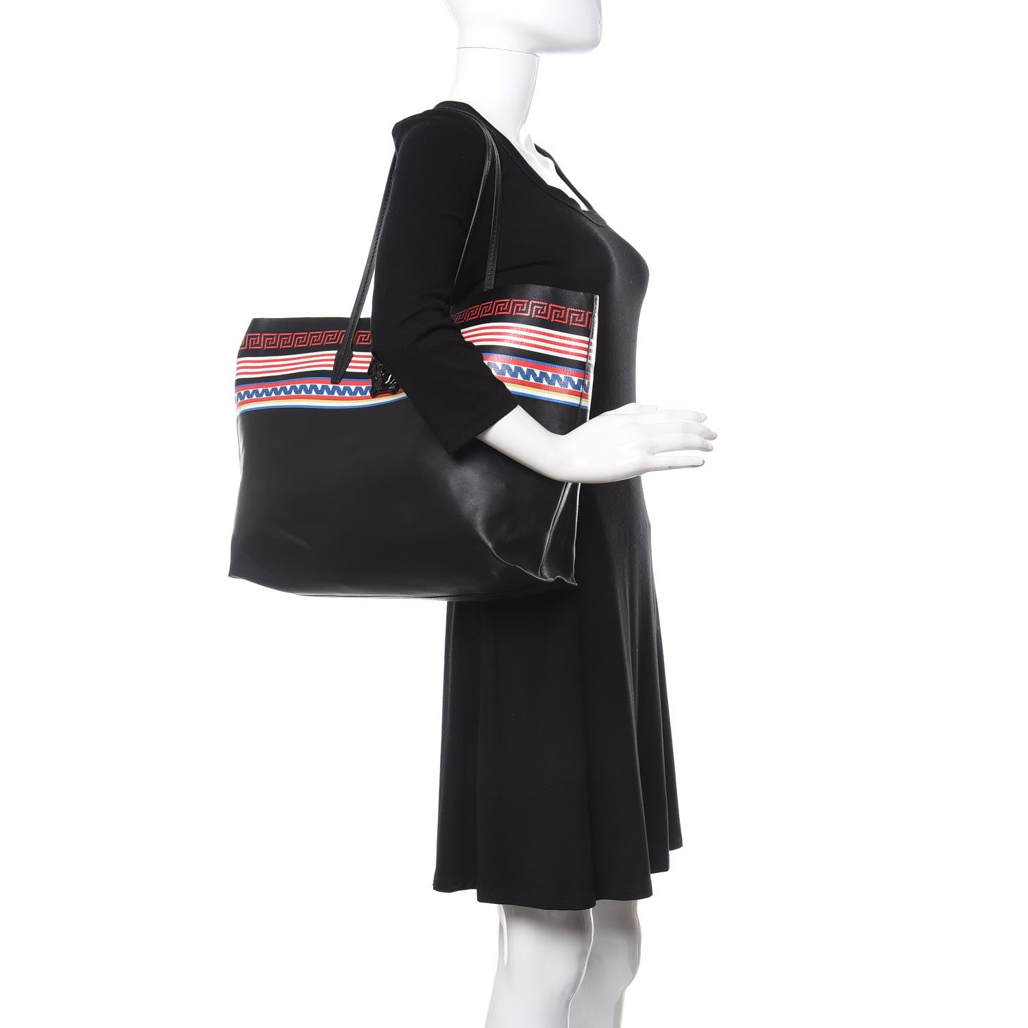 Versace Calfskin Stripe Greek City Key Tote Black 2 of 9
