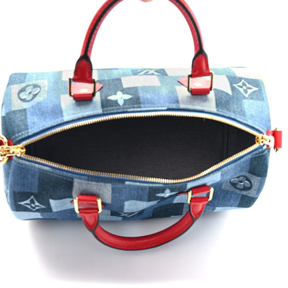 Louis Vuitton Denim Damier Monogram Patchwork Speedy Bandouliere 30 Blue Rouge 5 of 9