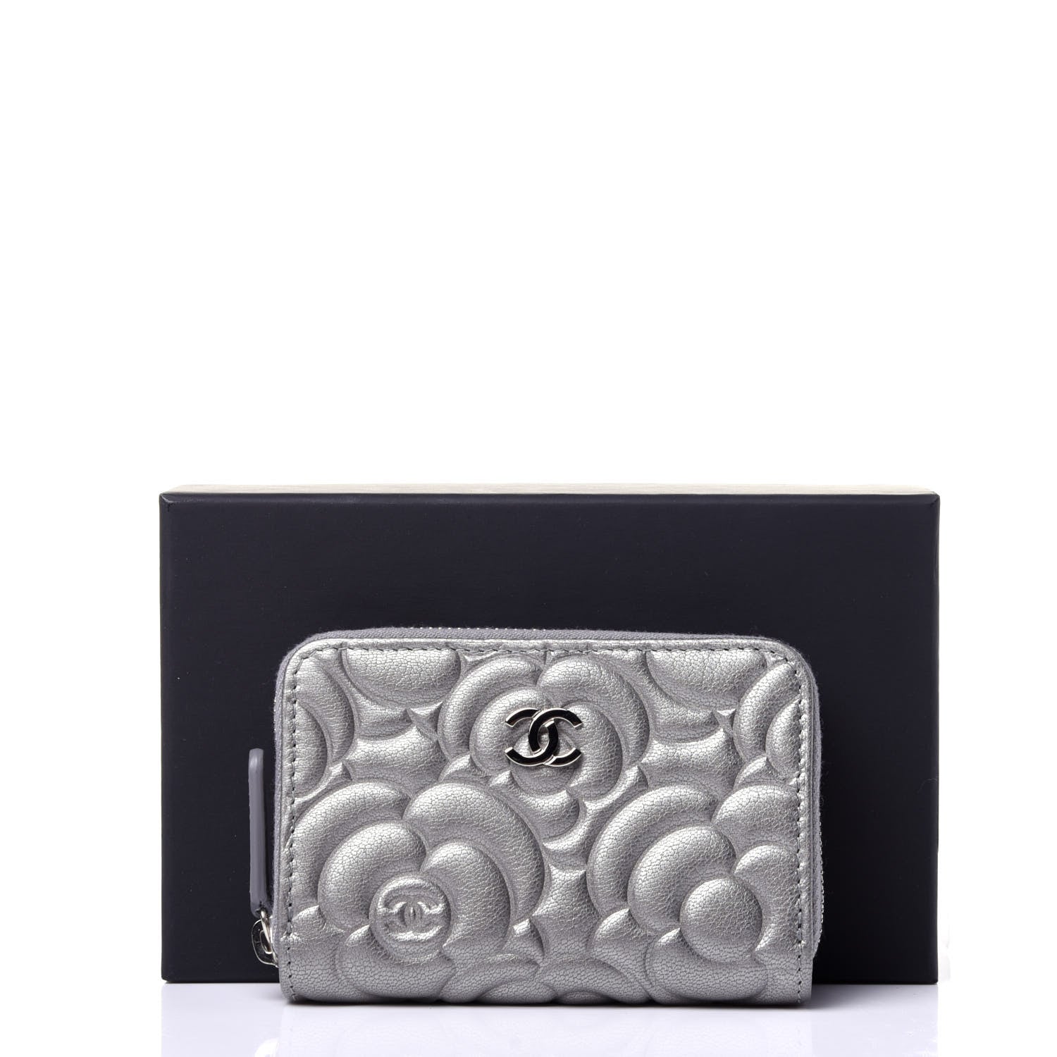 Chanel Goatskin Camellia Embossed Zip Coin Purse Silver 19 of 20