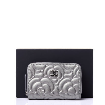 Chanel Goatskin Camellia Embossed Zip Coin Purse Silver 19 of 20