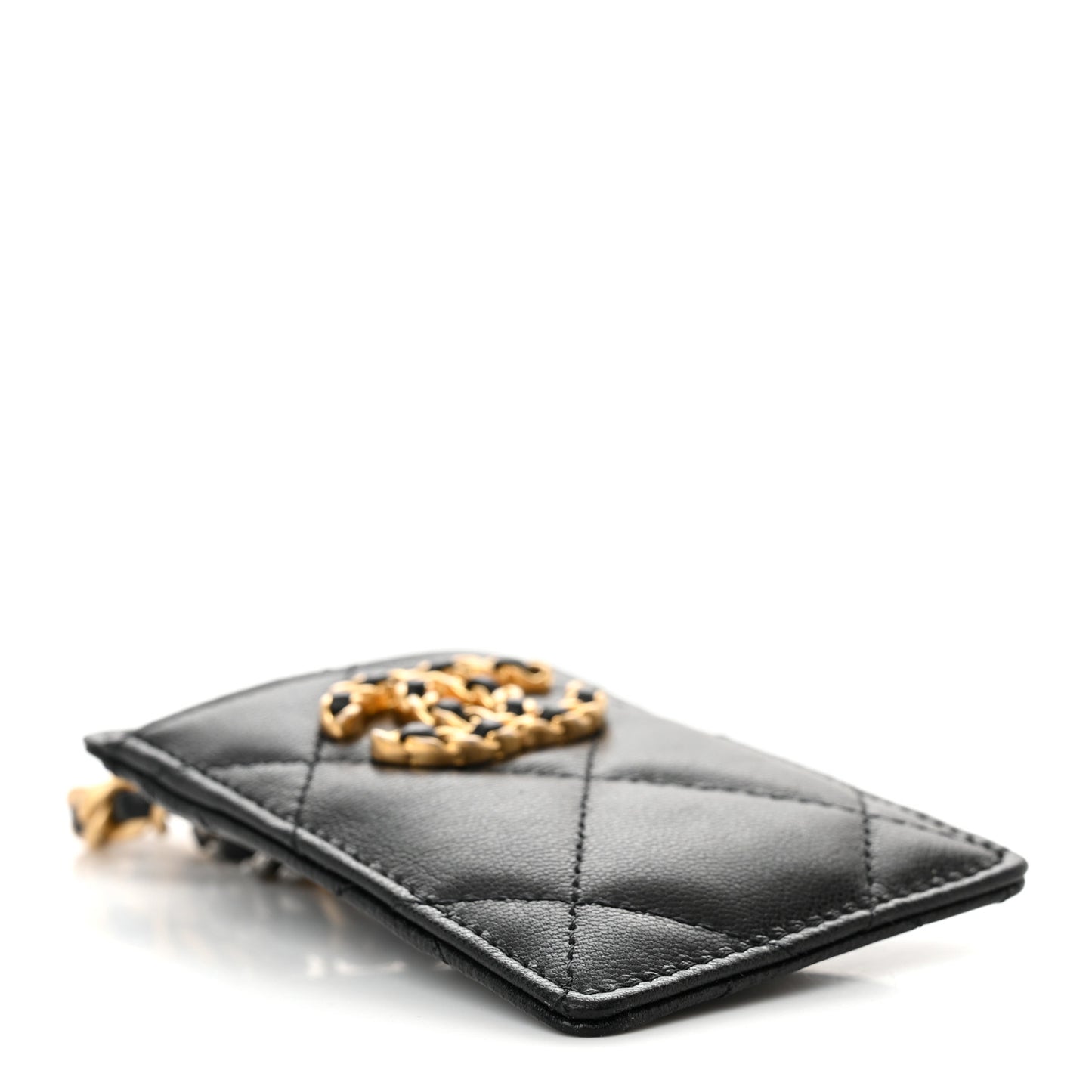 Shiny Goatskin Quilted Chanel 19 Card Holder On Chain Black