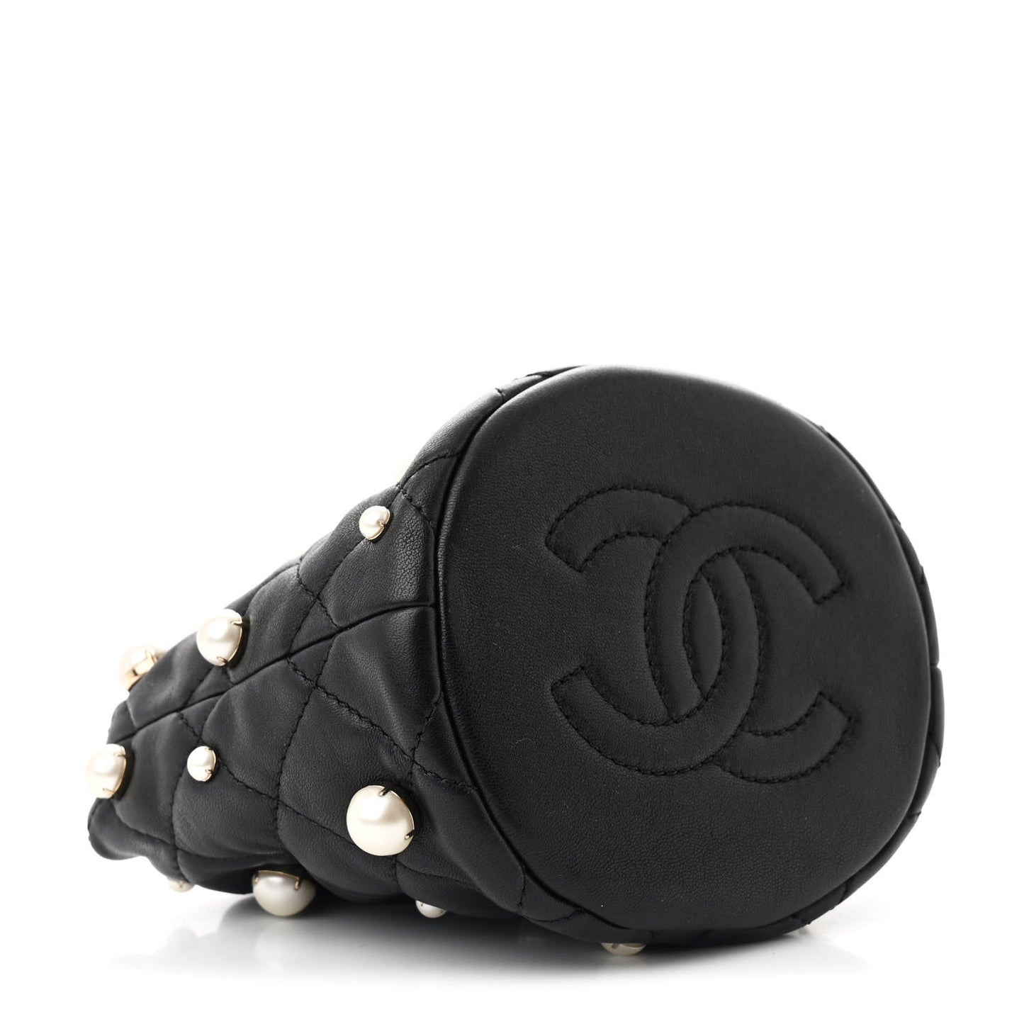 Lambskin Quilted Pearl Mini About Pearls Drawstring Bag Black
