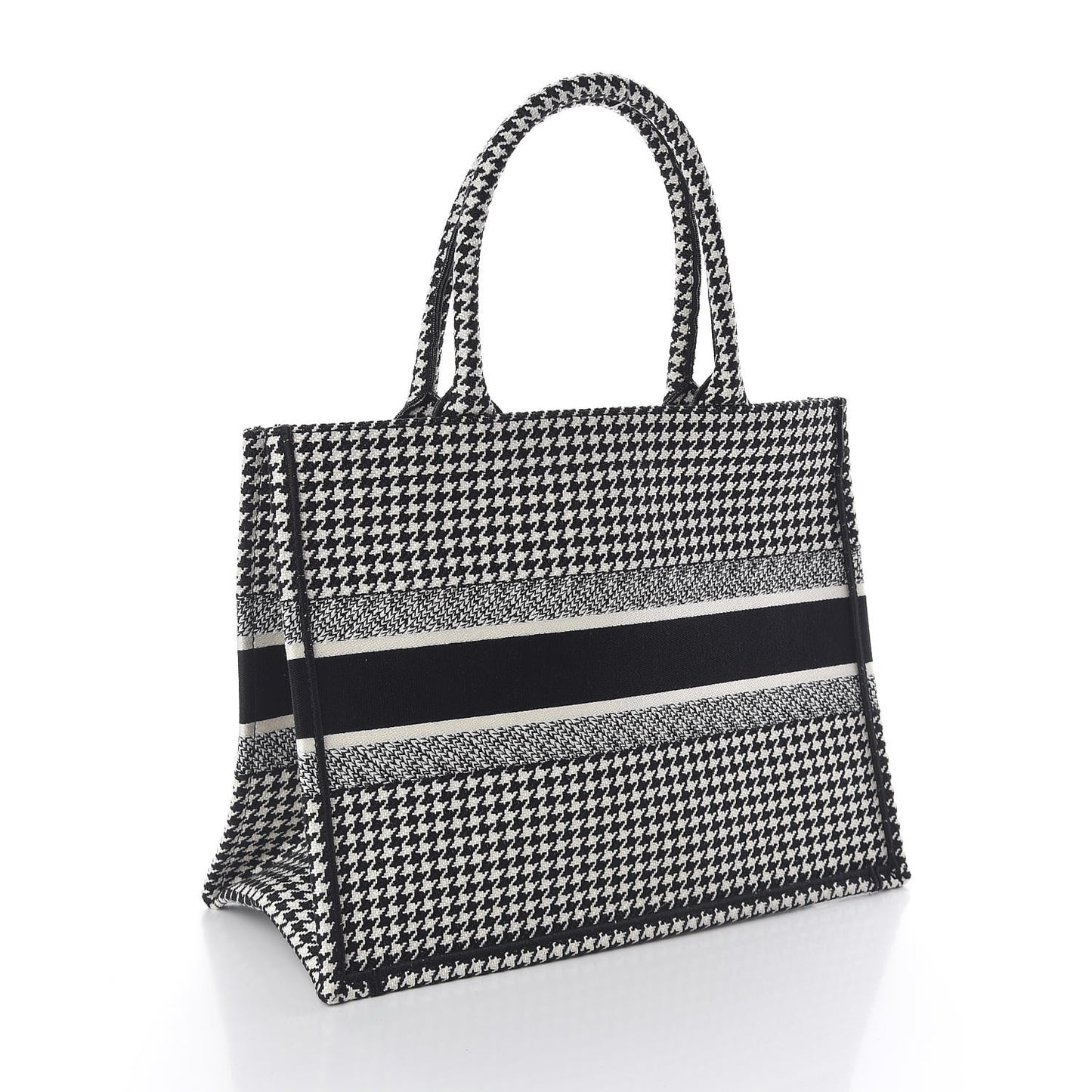 Canvas Houndstooth Embroidered Medium Book Tote Black White