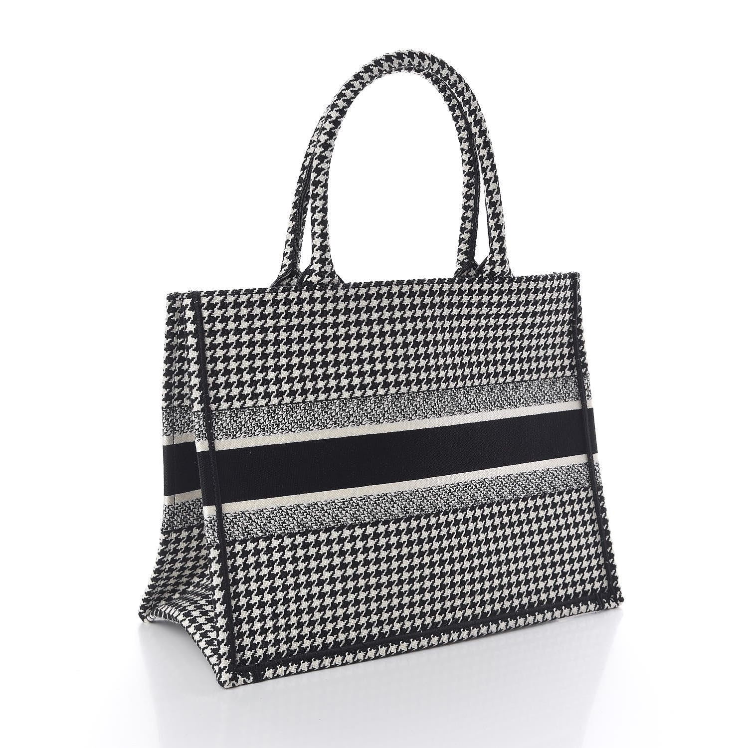 Christian Dior Canvas Houndstooth Embroidered Medium Book Tote Black White 3 of 10