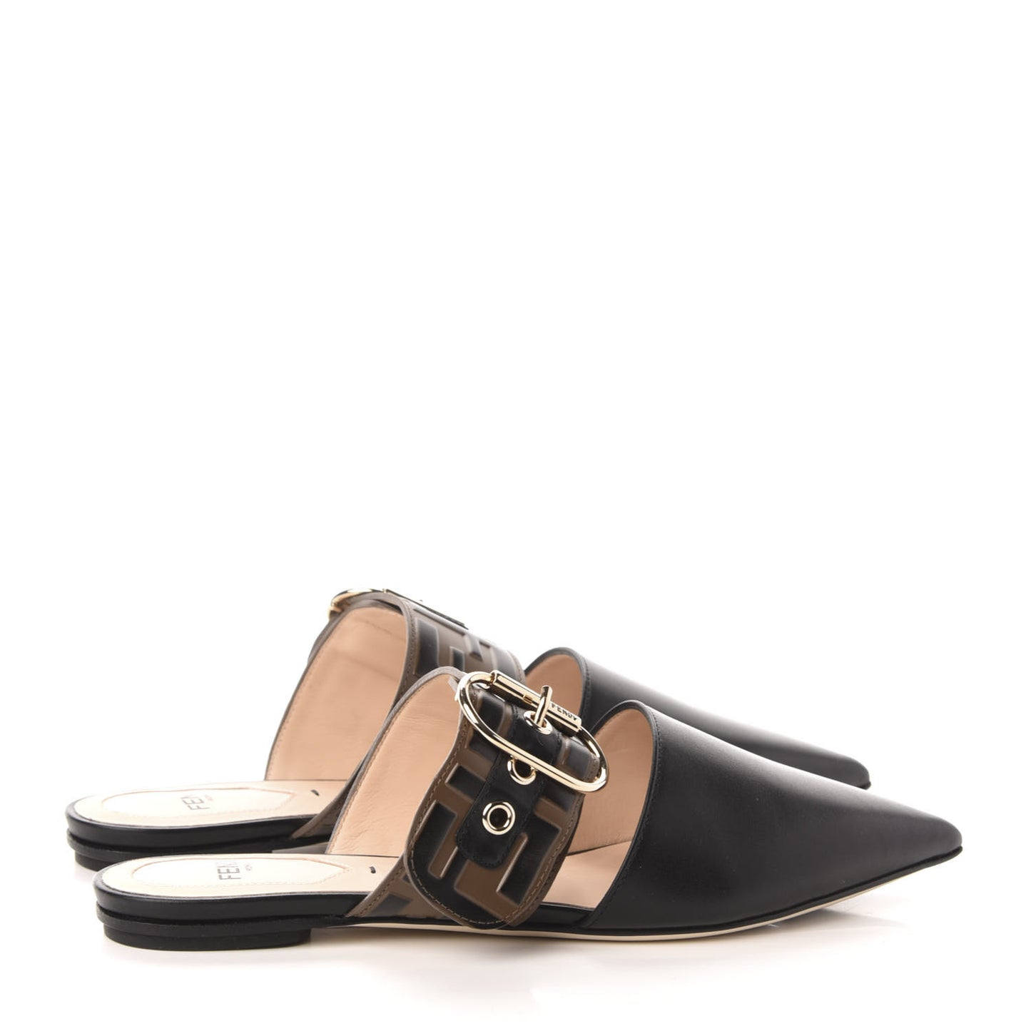 Vitello FF Embossed Buckle Flat Mules 35.5 Maya Black
