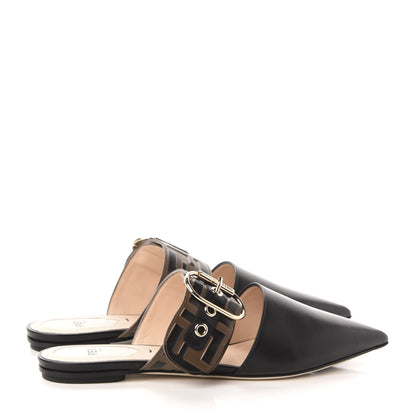 Fendi Vitello FF Embossed Buckle Flat Mules 35.5 Maya Black 4 of 9