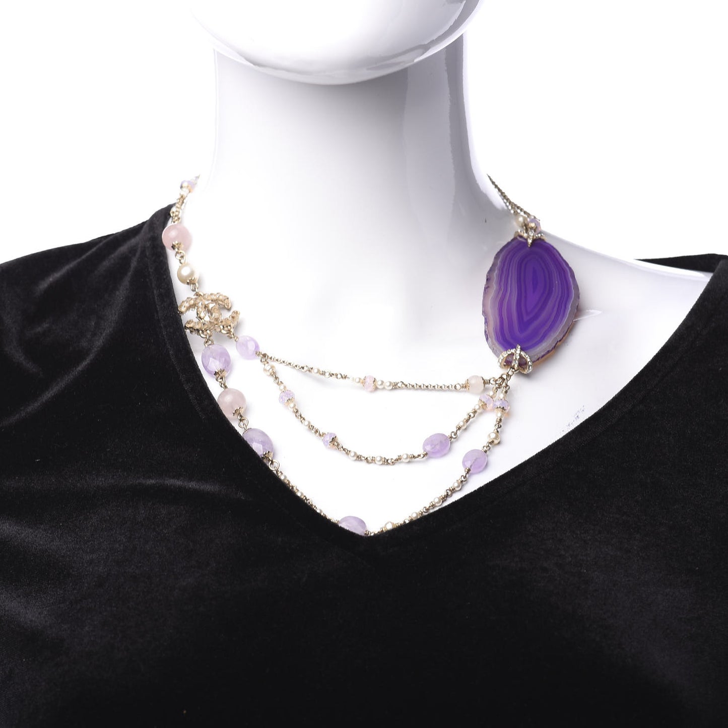 Beaded Quartz Amethyst Crystal CC Chain Necklace Gold Purple