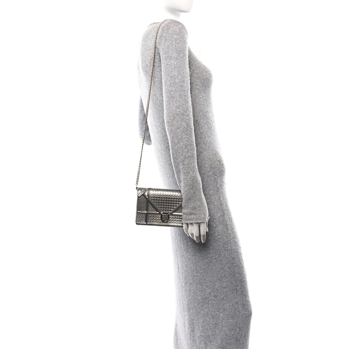 Metallic Patent Micro-Cannage Diorama Wallet on Chain Pouch Silver