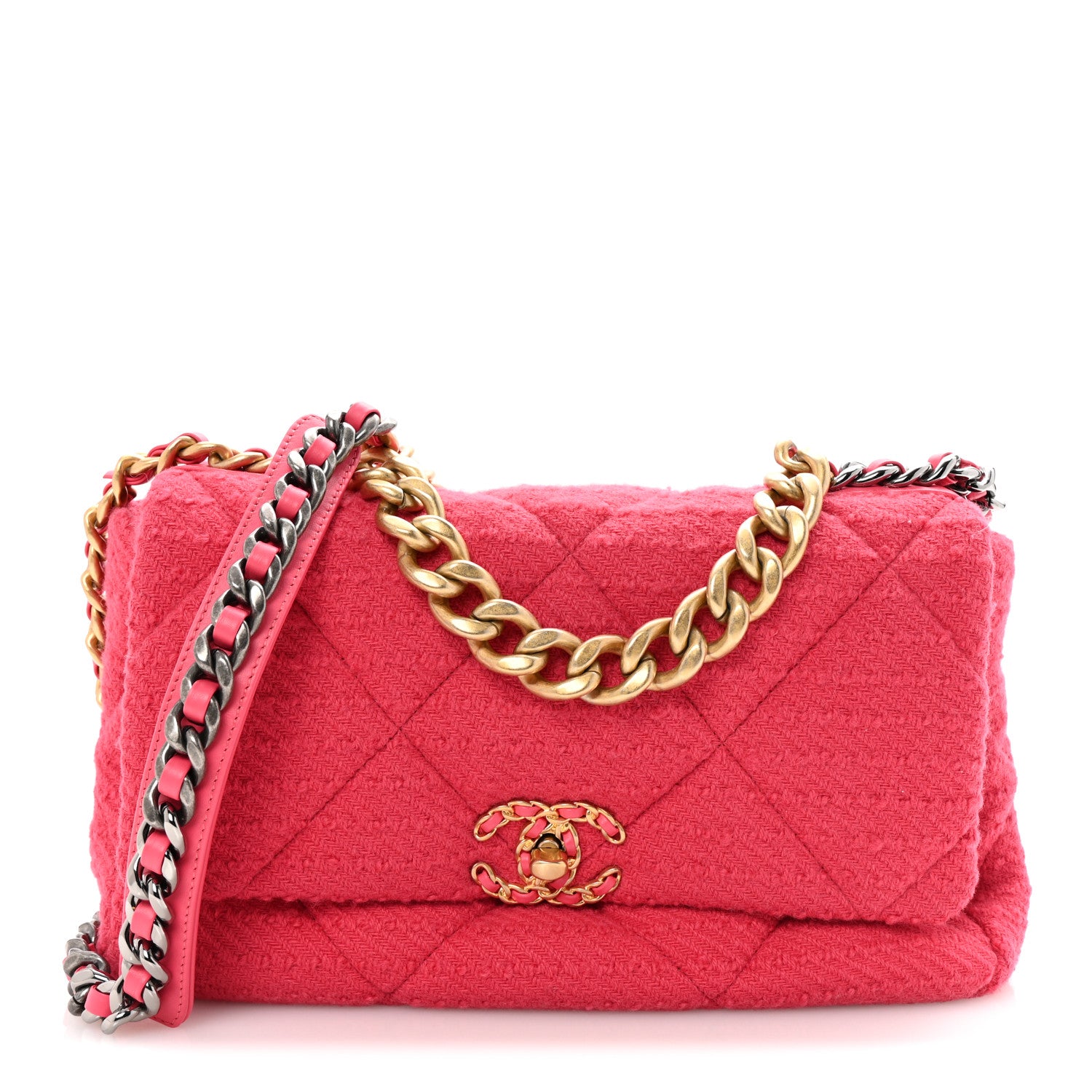 Chanel Tweed Quilted Large Chanel 19 Flap Pink 1 of 9