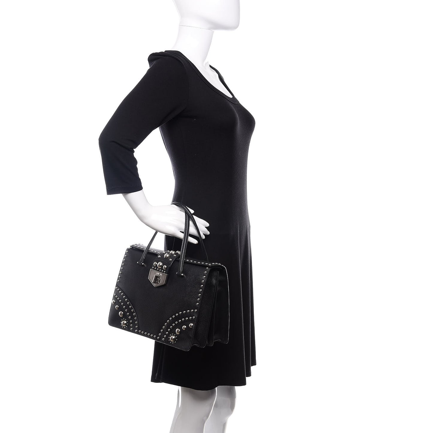 Saffiano Studded Double Zip Tote Black