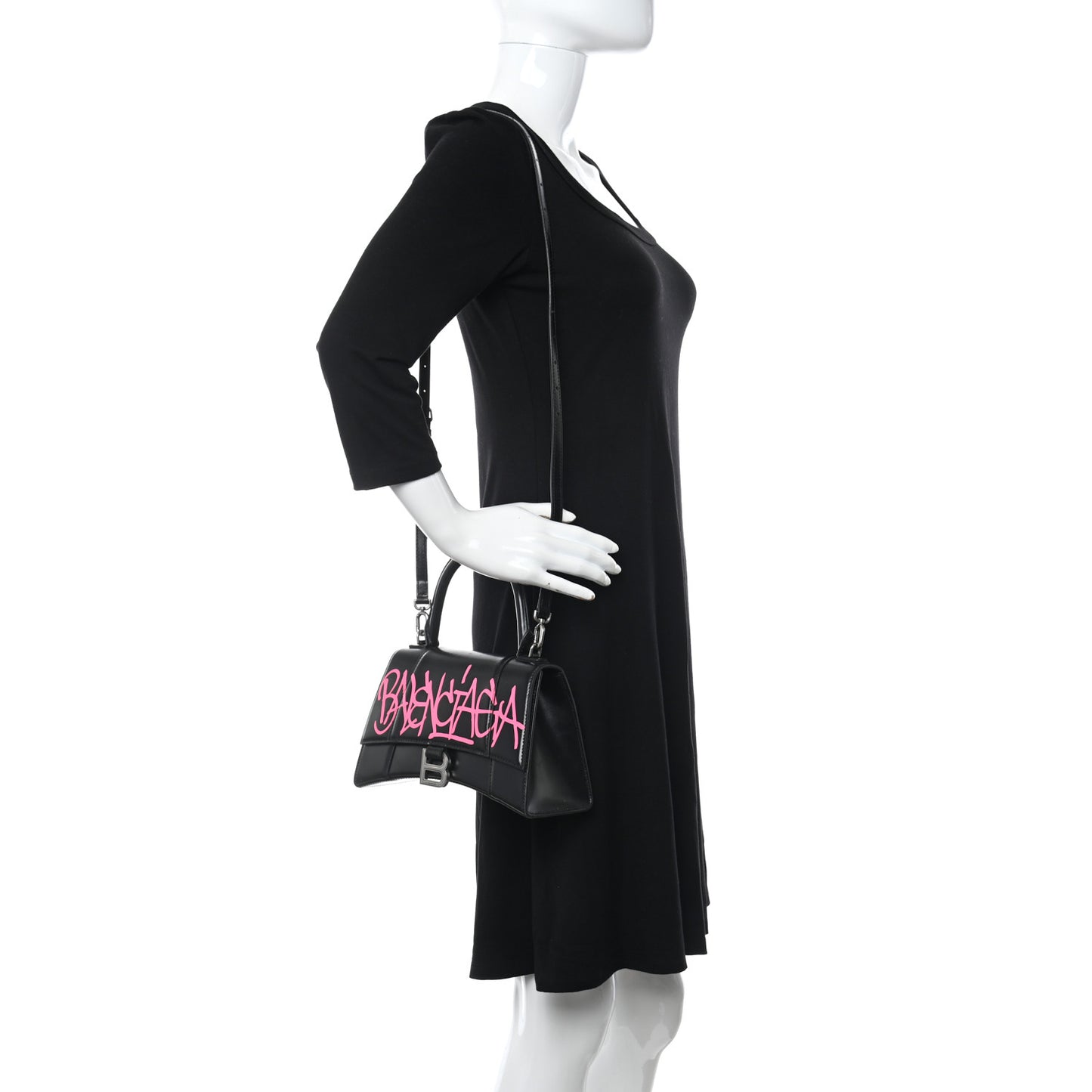 Shiny Box Calfskin Graffiti Logo Small Hourglass Top Handle Bag Black Pink
