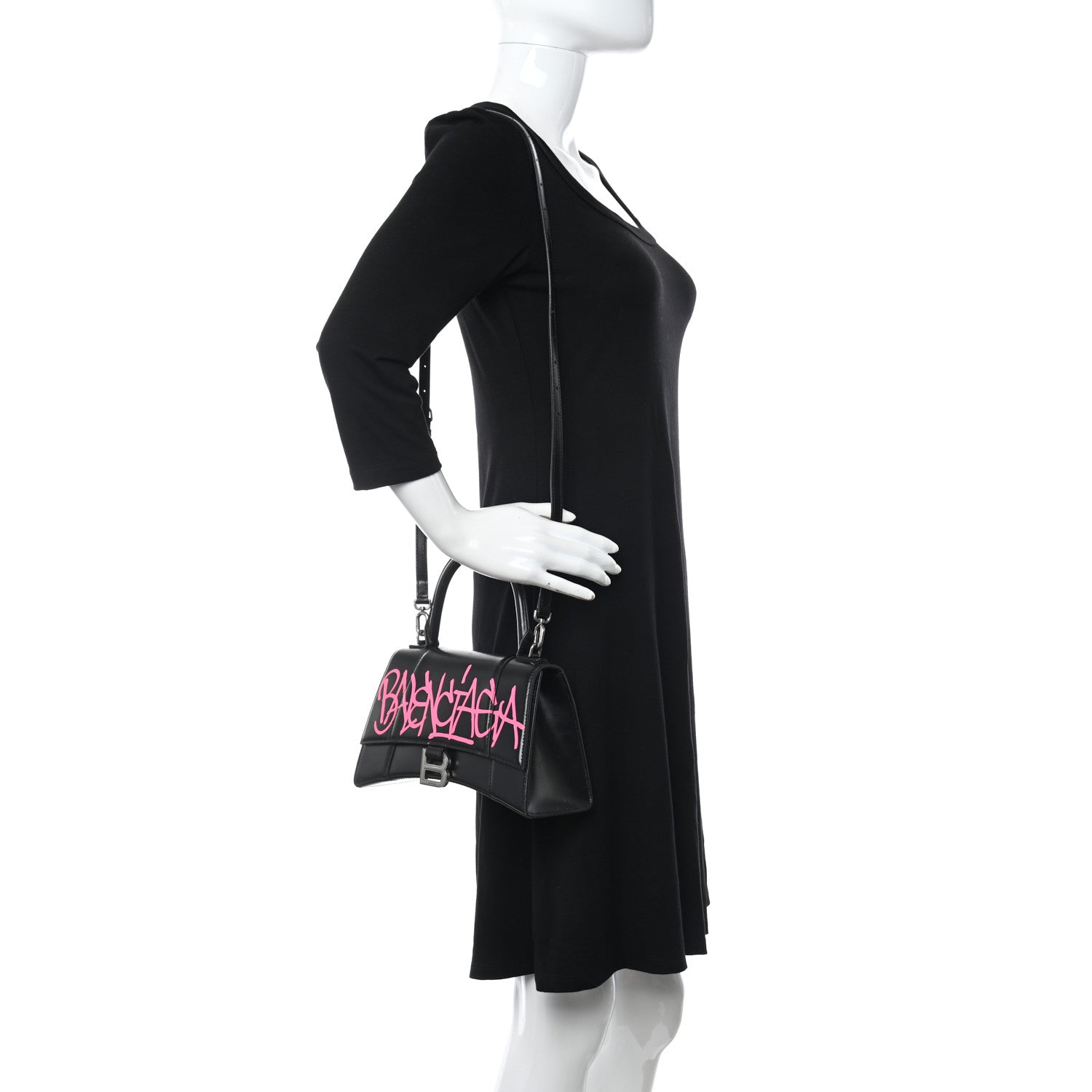 Balenciaga Shiny Box Calfskin Graffiti Logo Small Hourglass Top Handle Bag Black Pink 2 of 11