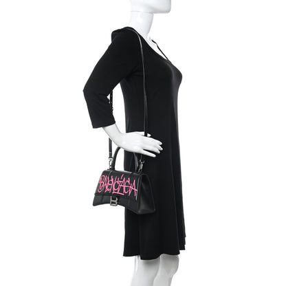 Balenciaga Shiny Box Calfskin Graffiti Logo Small Hourglass Top Handle Bag Black Pink 2 of 11