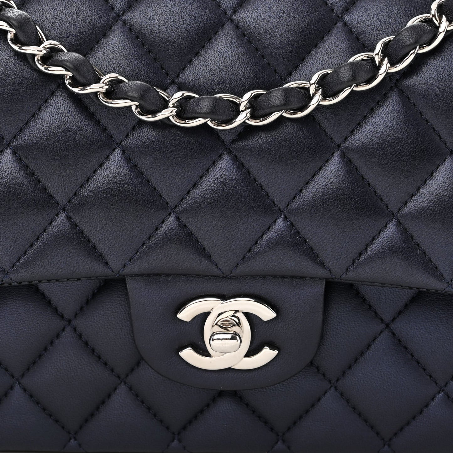 Iridescent Calfskin Quilted Medium Double Flap Navy