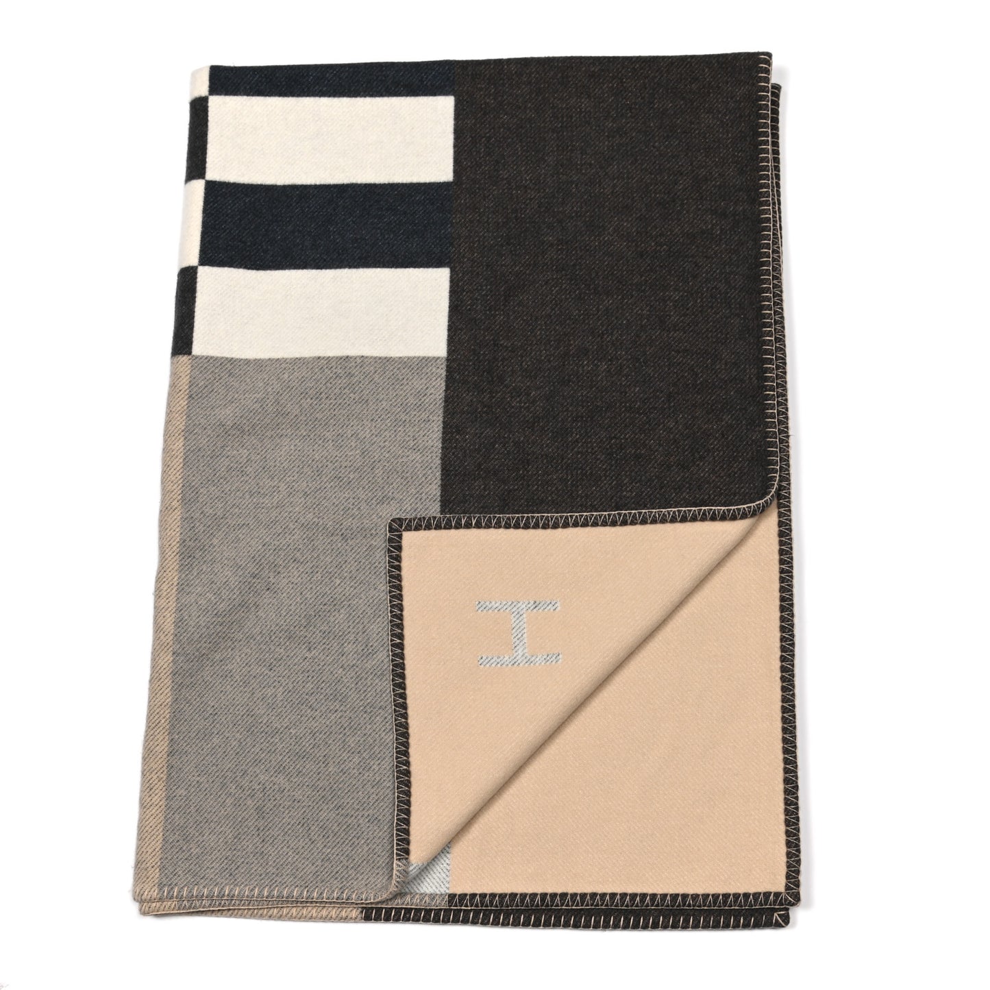 Wool Cashmere H Casaque Blanket Ecru Carbone
