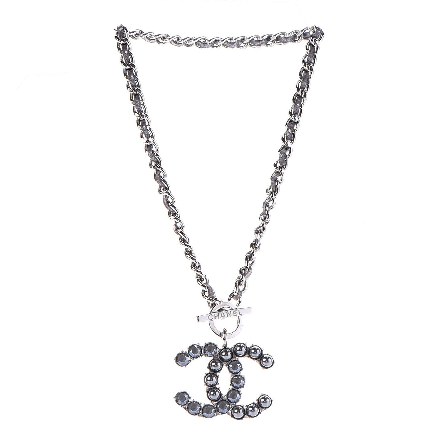 Metal Strass Calfskin Glass Pearls CC Short Necklace Black Dark Grey