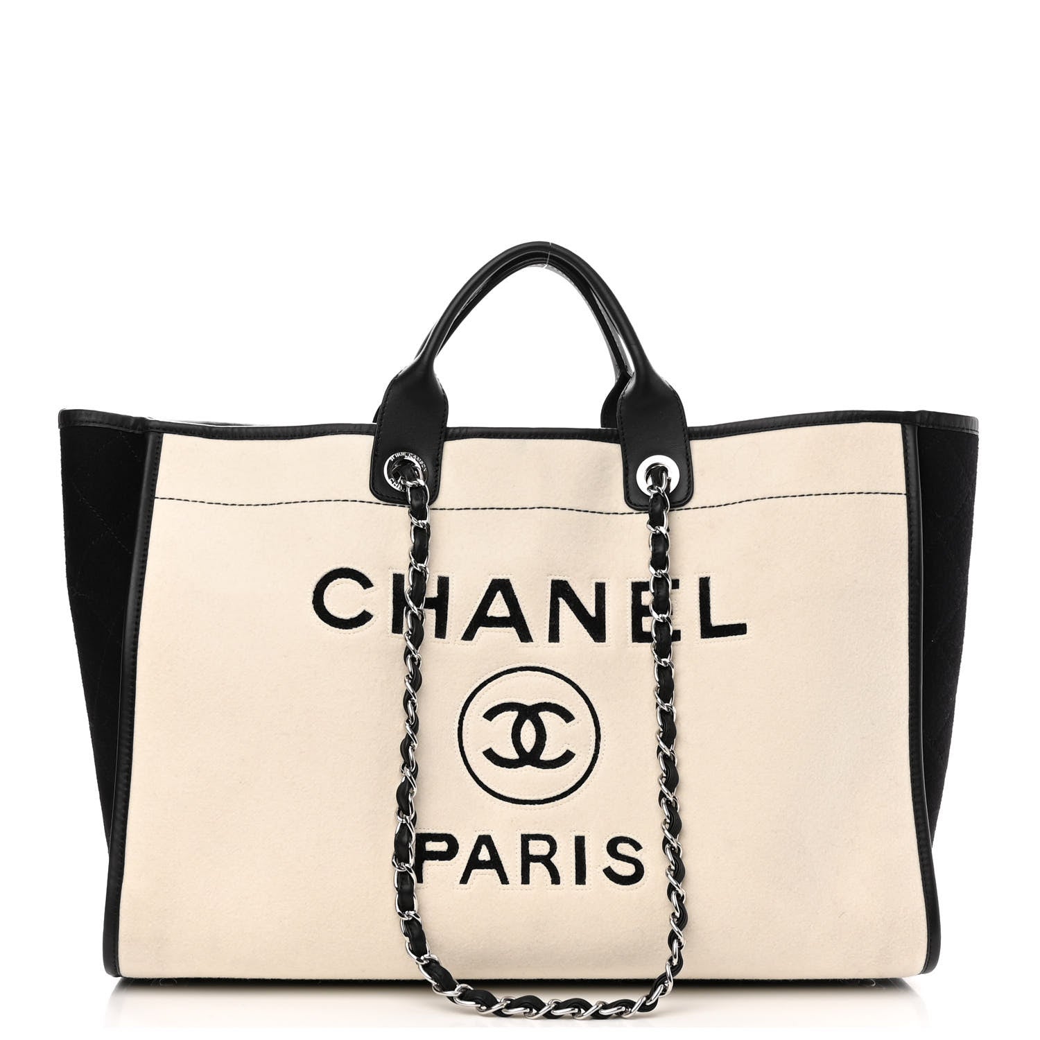 this is a product image by FASHIONPHILE of a CHANEL Wool Felt Calfskin Large Deauville Tote in the colors White and Black