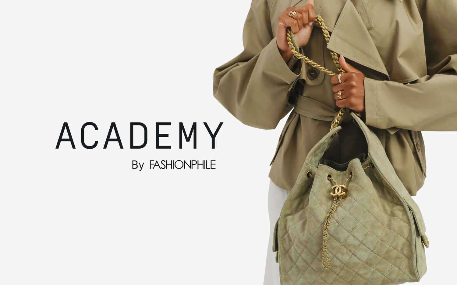 a woman wearing a short trench coat and white knit dress holding a green suede Chanel 25 bag with "Academy by Fashionphile" in black text
