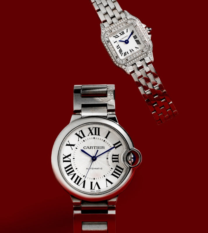 one CARTIER Stainless Steel Ballon Bleu De Cartier Automatic Watch and one CARTIER 18K White Gold Diamond Bezel Panthere Quartz Watch
