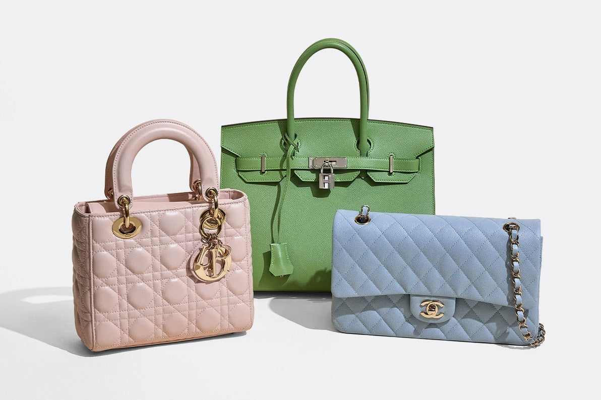 one light pink Christian Dior Lady Dior, one light green Hermes Birkin 30 size bag, and one light blue Chanel medium size double flap bag